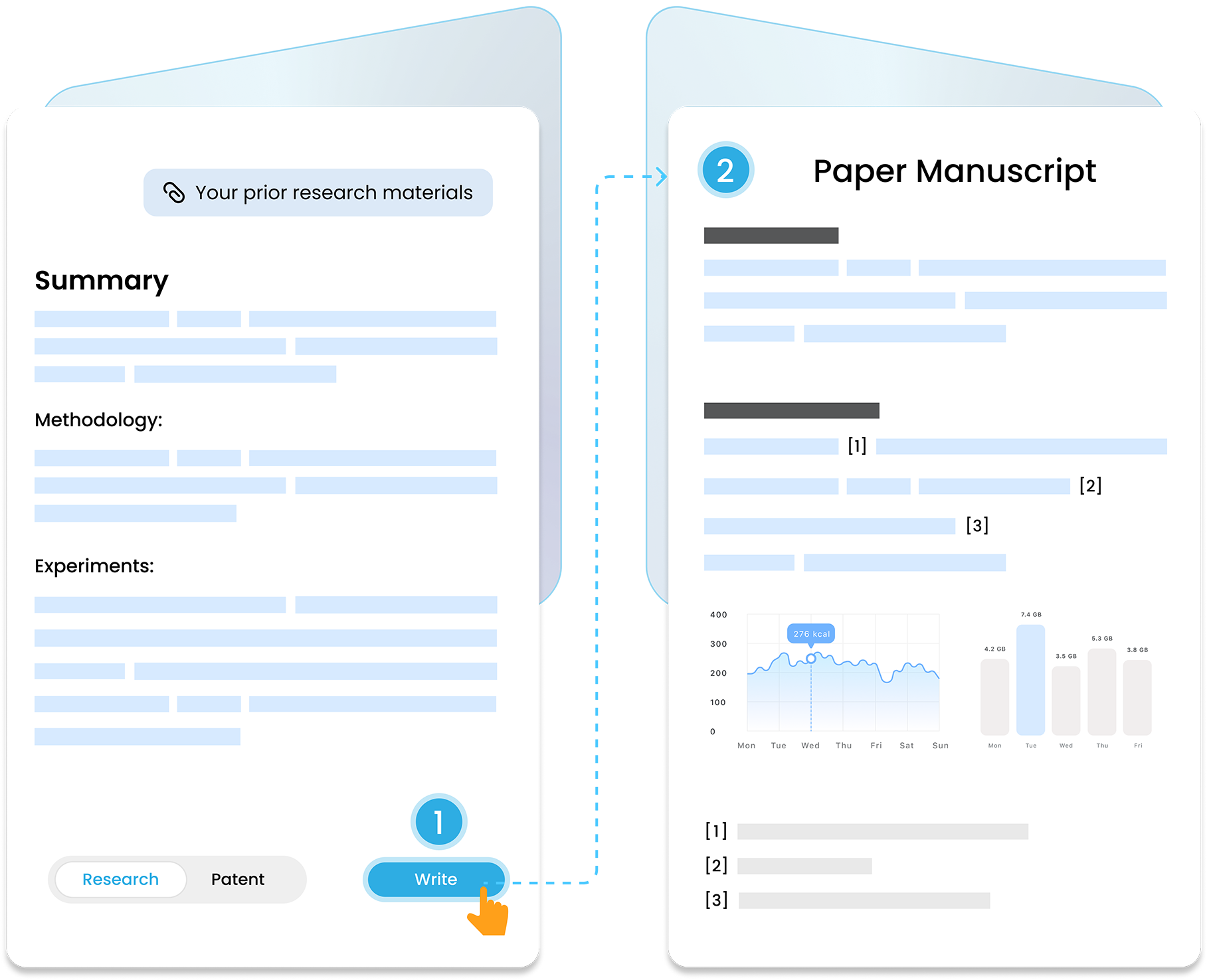 Gatsbi Writer Guide: 1. Attach your prior research; 2. Paper or patent generation.